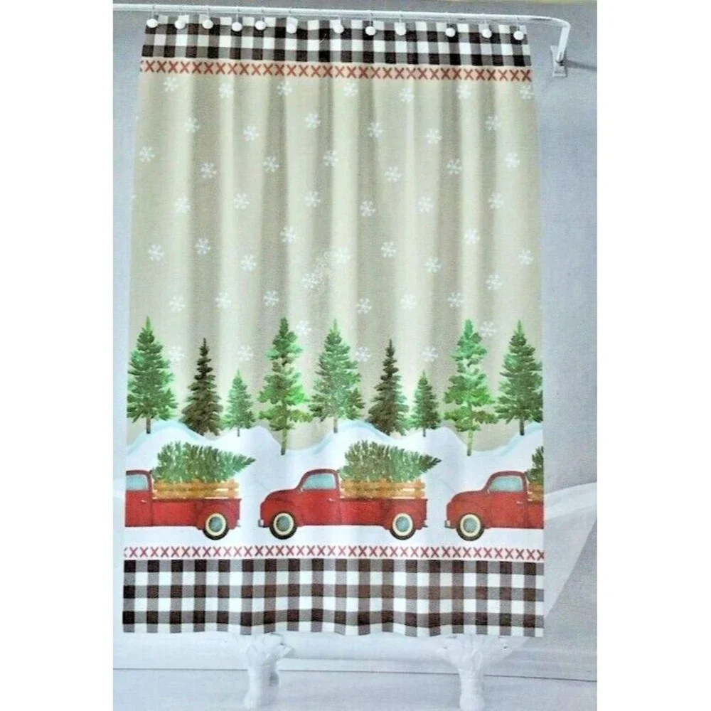 Avanti Christmas Red Farm Truck Fabric Shower Curtain Holiday Buffalo Check